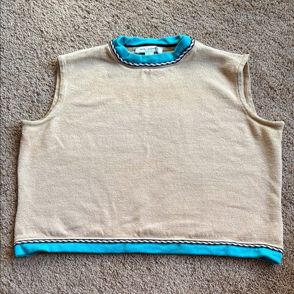 St. John Vintage Cream/Blue Santana Knit Boxy Waist Length Tank Top - Picture 1 of 8